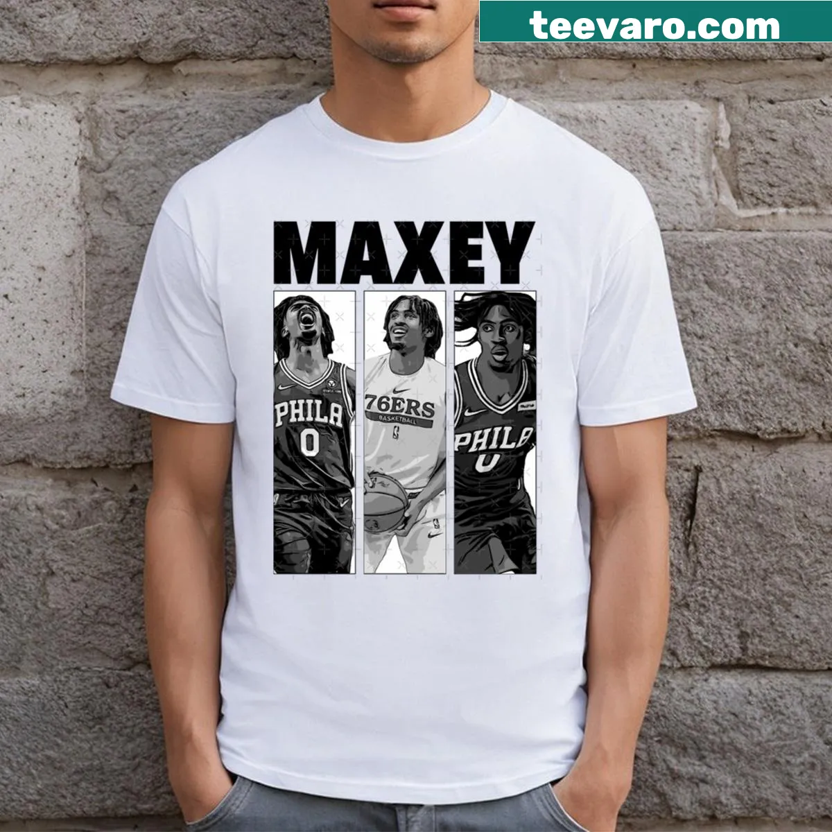 Basketball T-shirt featuring Tyrese Maxey graphic — on a men's t-shirt