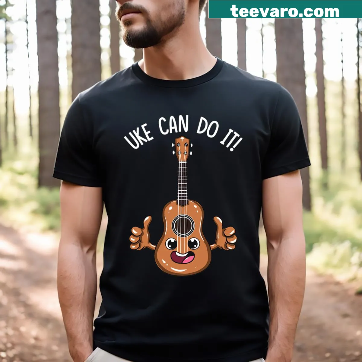 Cartoon ukulele with the phrase Uke Can Do It on a kids t-shirt — on a men's t-shirt