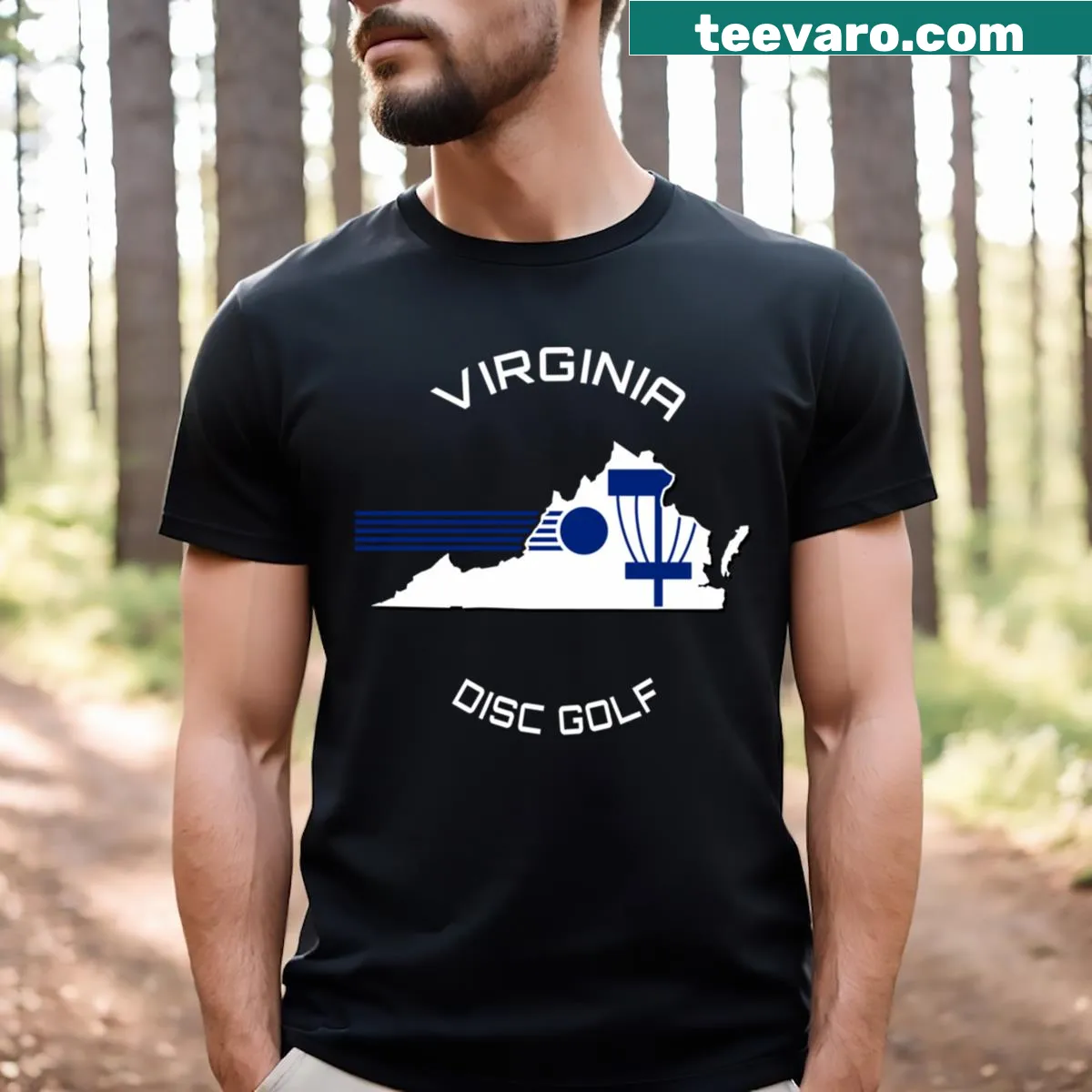 Badge-style Virginia disc golf graphic t-shirt — on a men's t-shirt