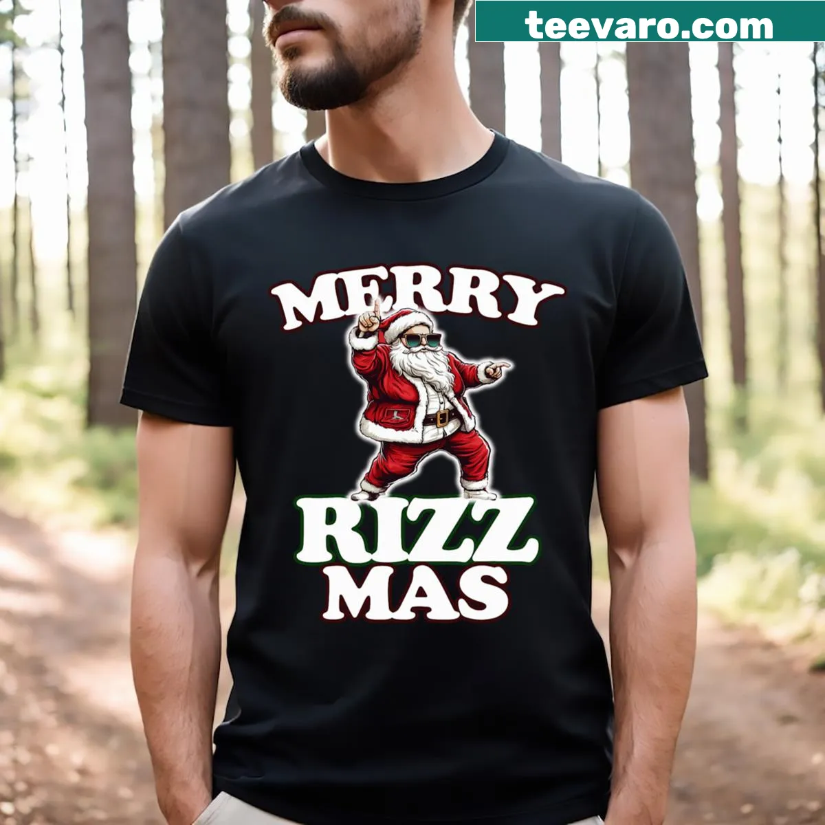 Funny Christmas T-shirt with W Rizz Santa design — on a men's t-shirt