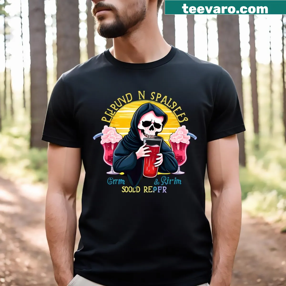 Whimsical Grim Reaper holding a red drink illustration on a t-shirt. — on a men's t-shirt