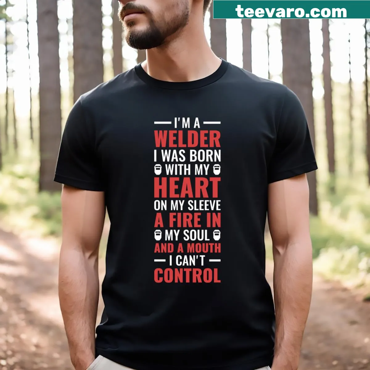 Welding-themed t-shirt with heart and soul graphic — on a men's t-shirt