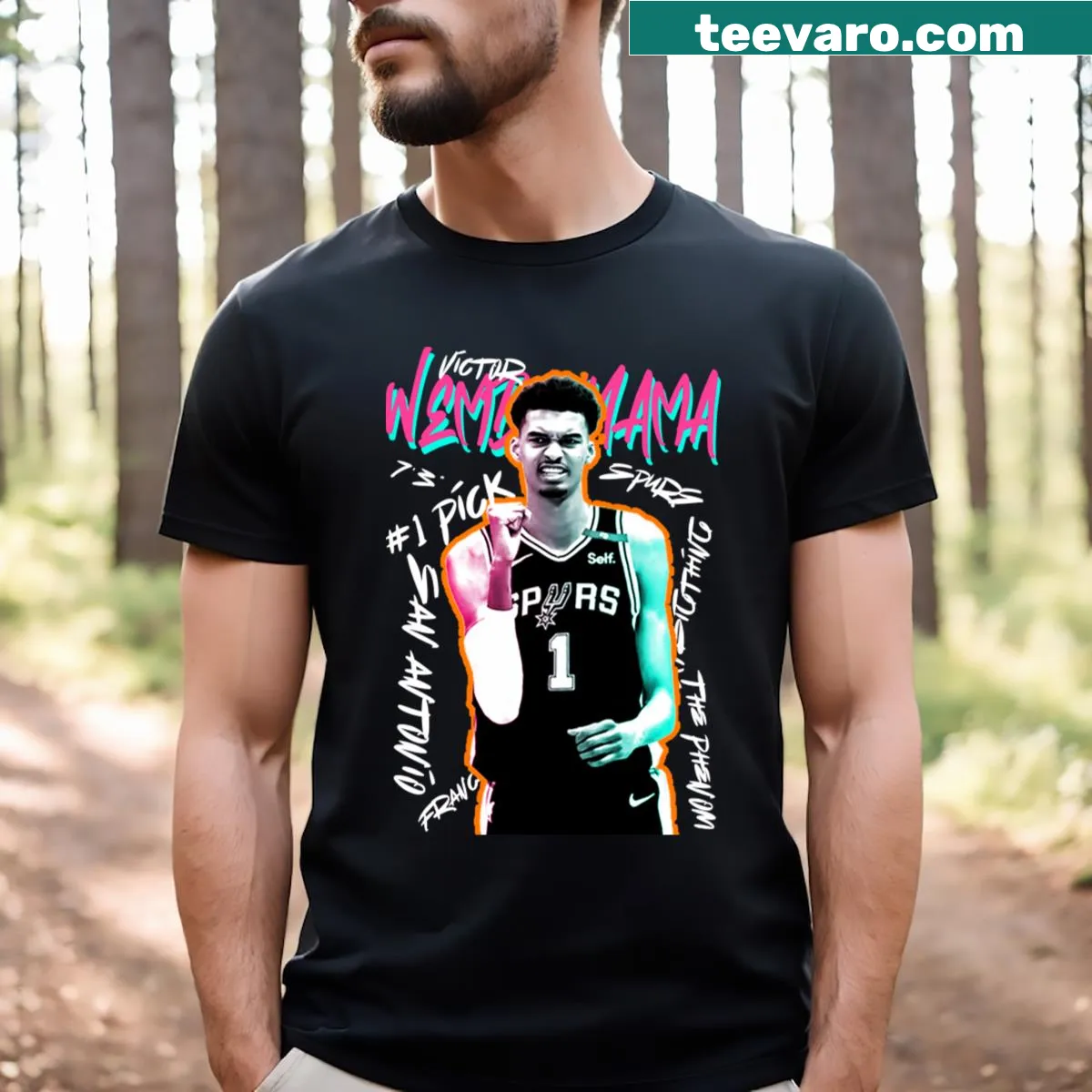 Basketball-themed t-shirt with playful tags referencing Wemby — on a men's t-shirt