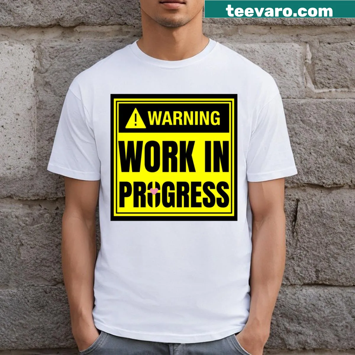 Inspirational text t-shirt with Work In Progress: God Is Love — on a men's t-shirt