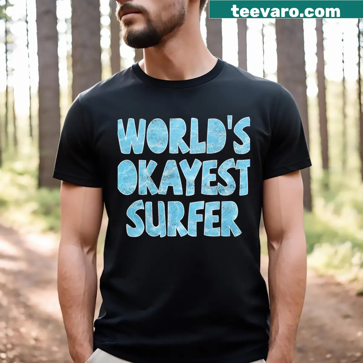 World's Okayest Surfer T-shirt with playful typography — on a men's t-shirt