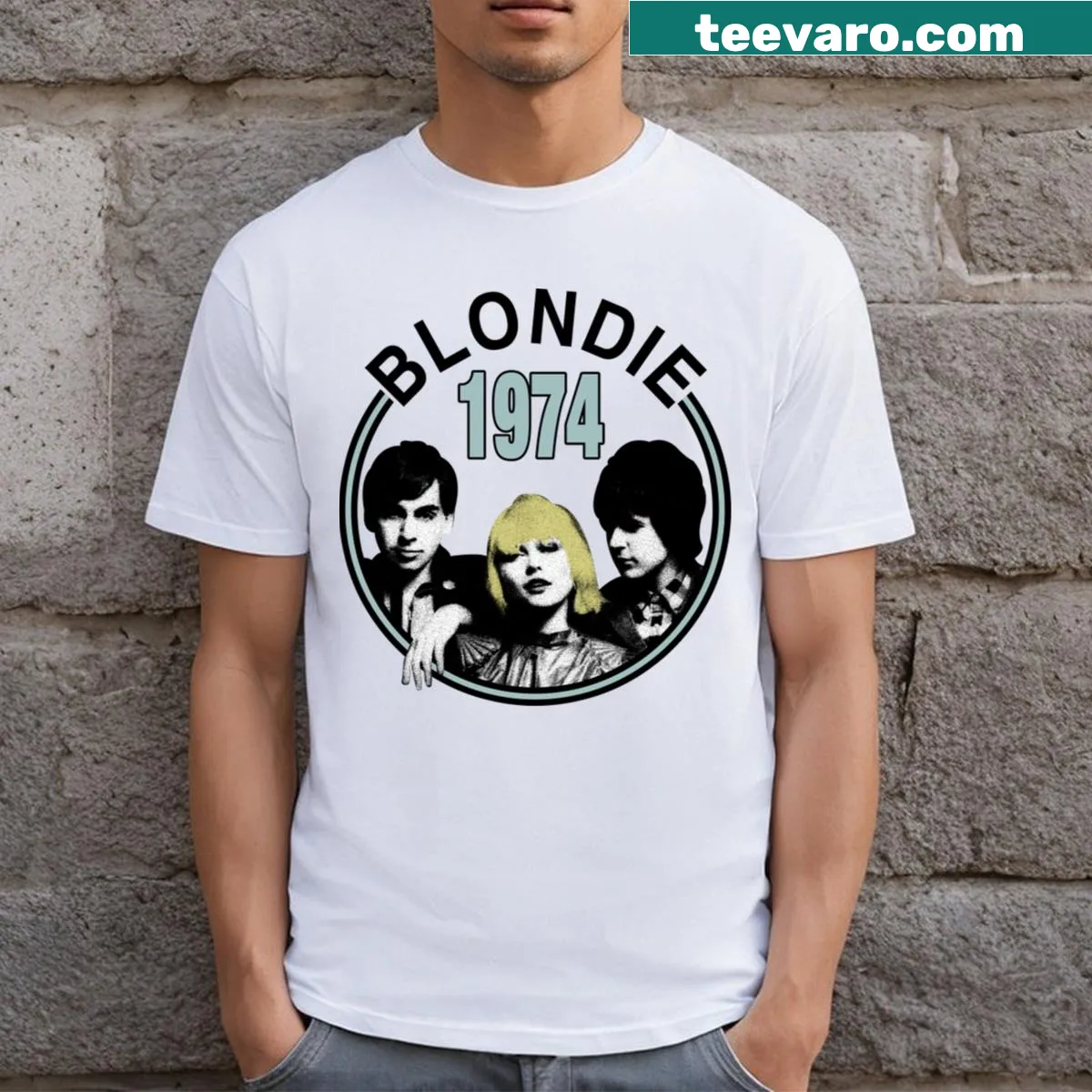 Retro Blondie band t-shirt celebrating 1974 music era. — on a men's t-shirt