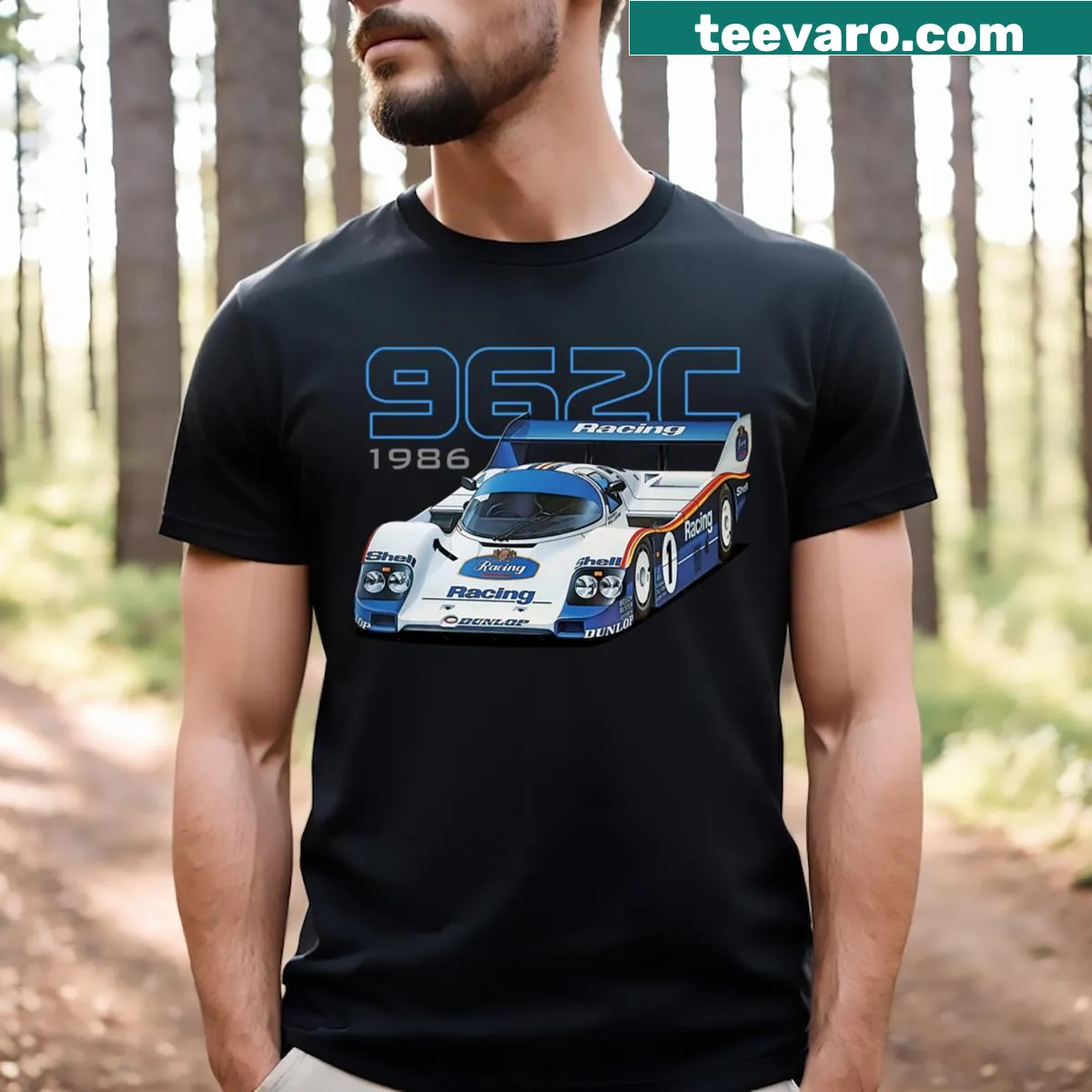 962c Le Mans 1986 Winner t-shirt featuring a detailed race car graphic — on a men's t-shirt