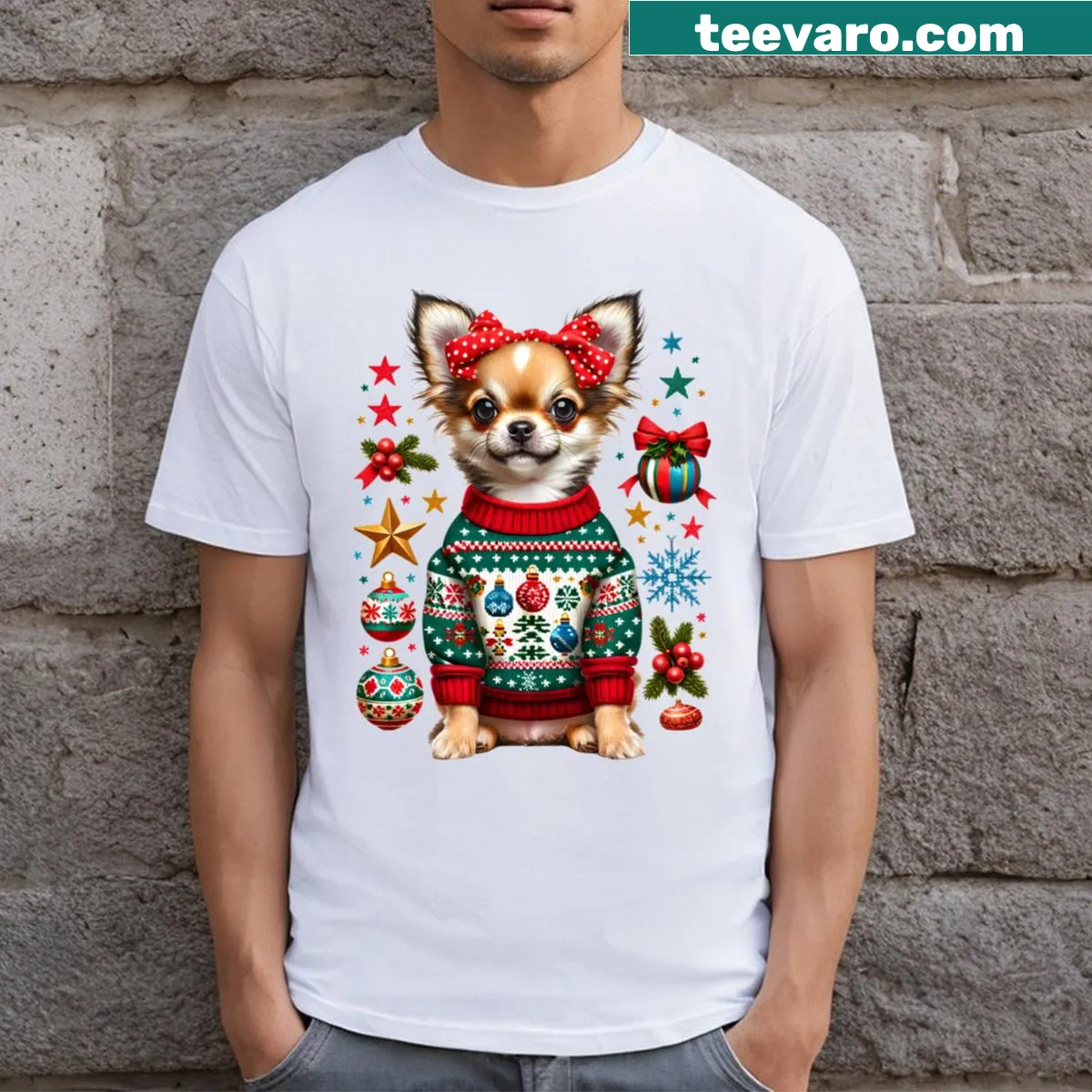 Cute Chihuahua Christmas T-shirt with festive Woofmas design — on a men's t-shirt