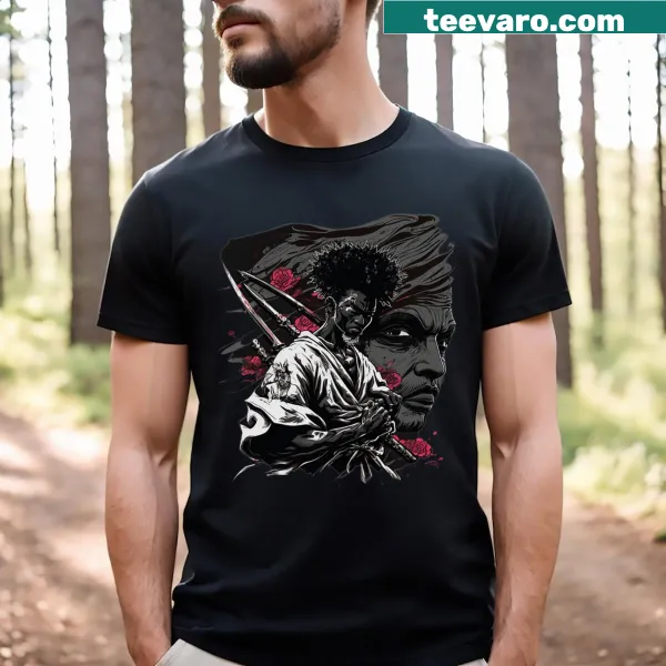 Anime Samurai warrior graphic t-shirt featuring Afro-American themes