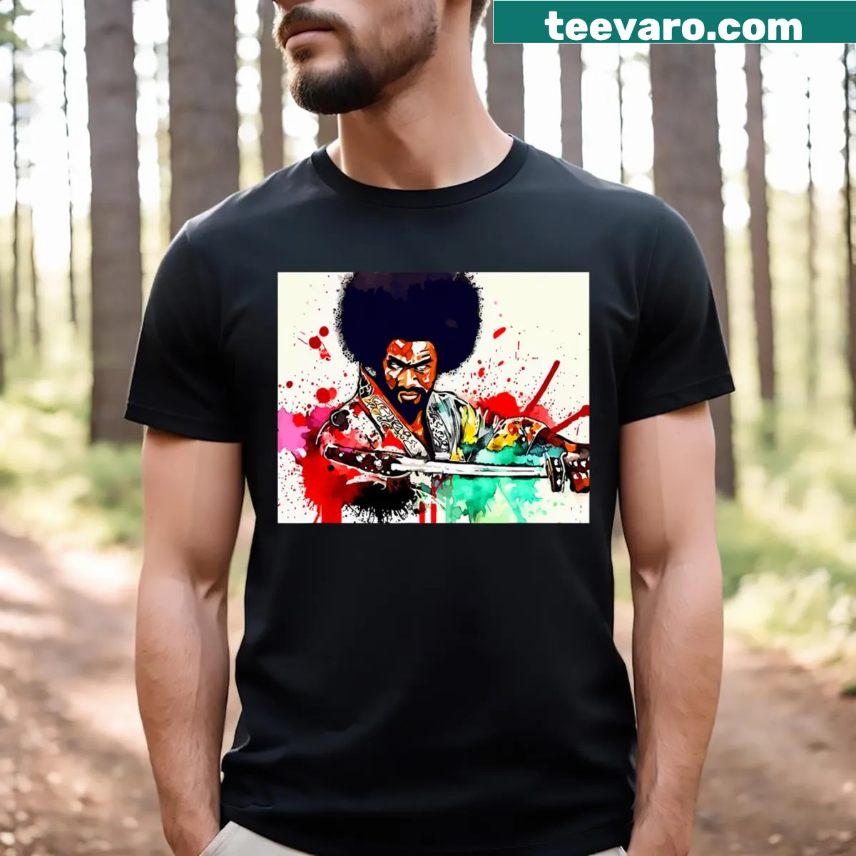 Anime-style T-shirt featuring an Afro American Samurai — on a men's t-shirt