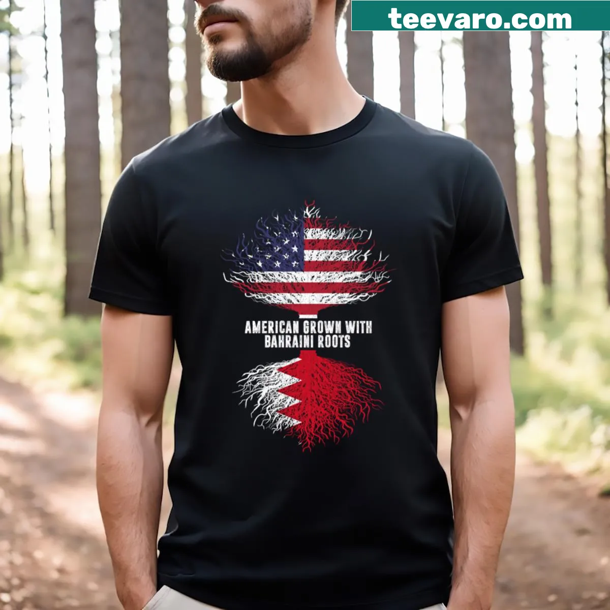 USA flag-themed t-shirt celebrating American and Bahraini roots — on a men's t-shirt