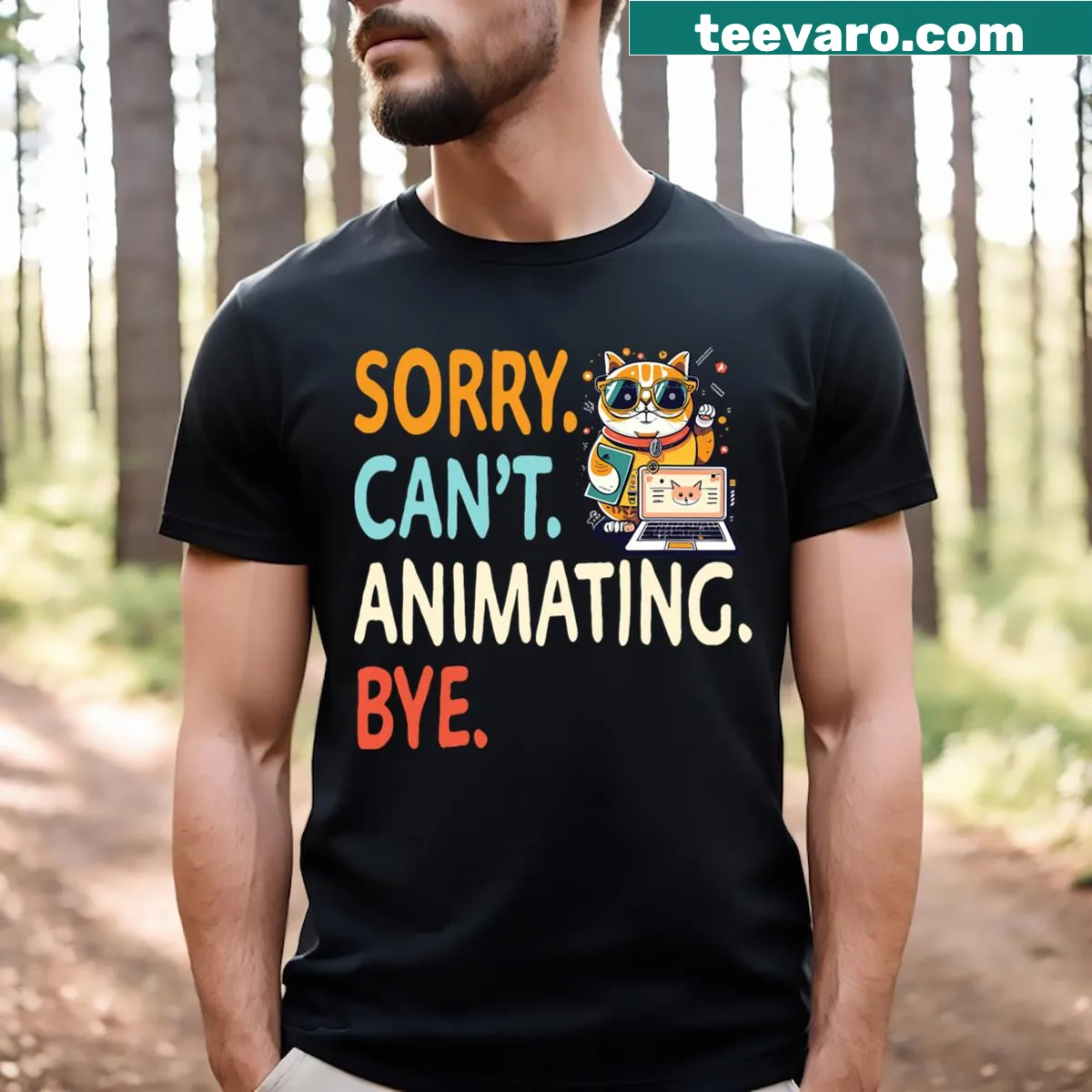 Whimsical animator-themed T-shirt with cartoon drawing graphic — on a men's t-shirt