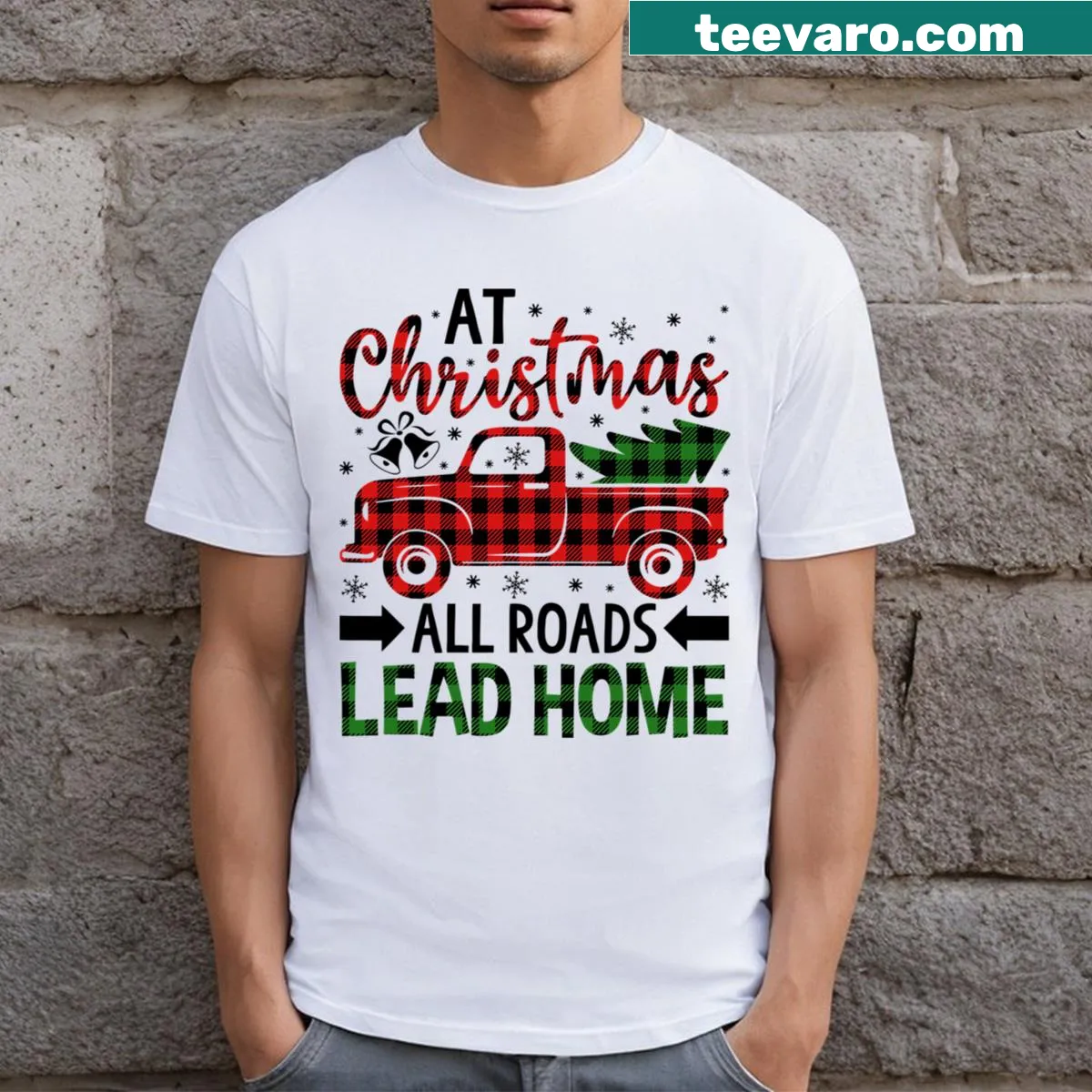 Family-themed Christmas T-shirt with a cozy home message — on a men's t-shirt