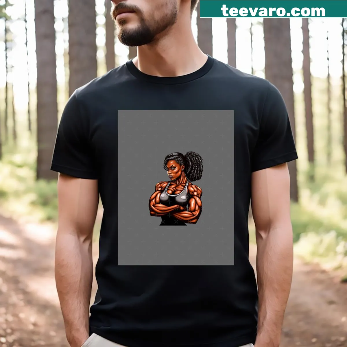 Illustration of a fit woman trainer in an active pose on a T-shirt — on a men's t-shirt