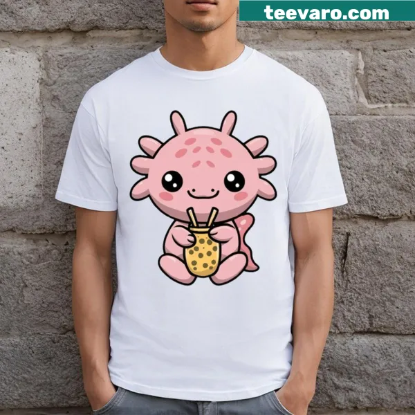 Cartoon axolotl sipping bubble tea on a T-shirt