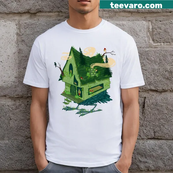Illustration of Baba Yaga's house on chicken legs on a T-shirt
