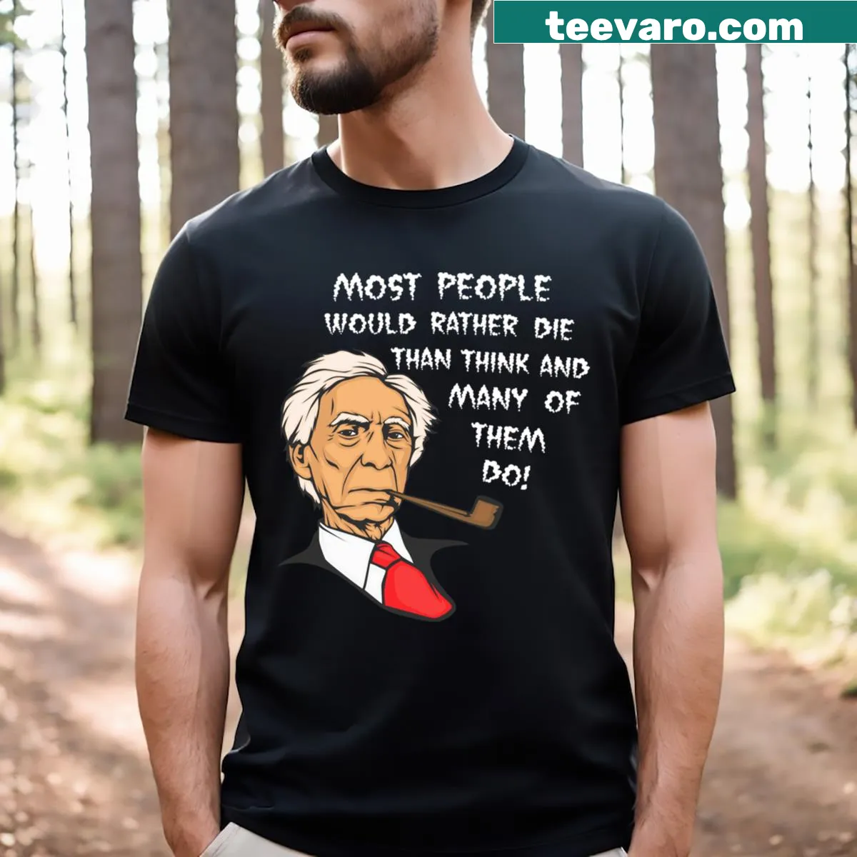 T-shirt featuring Bertrand Russell's quote and portrait — on a men's t-shirt