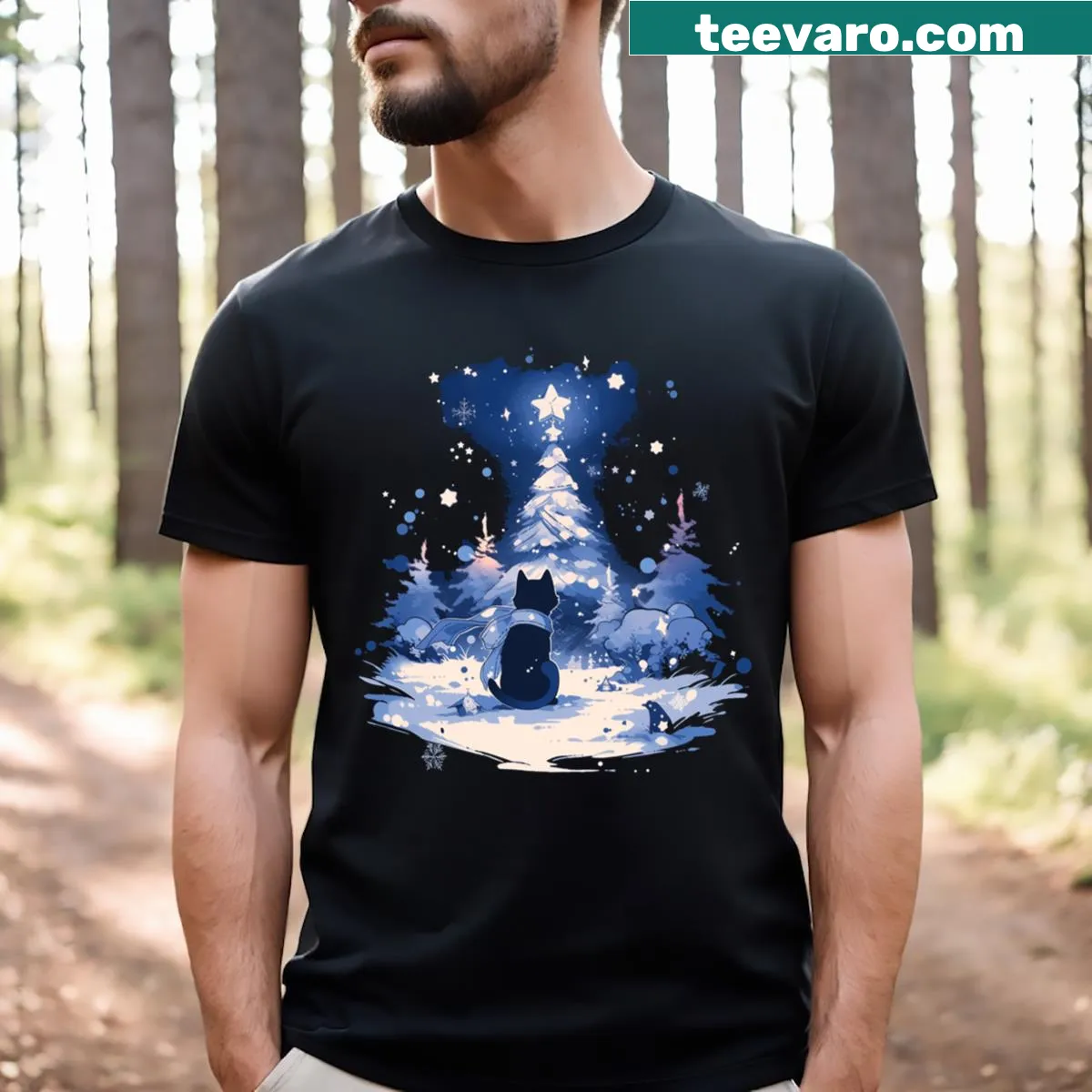 Illustrative Christmas-themed T-shirt featuring a black cat and festive elements. — on a men's t-shirt