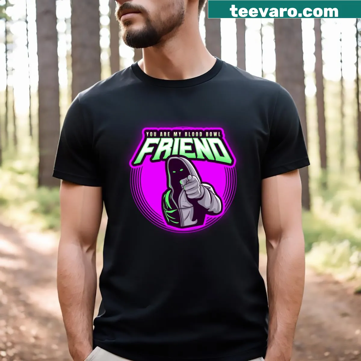 Blood Bowl-themed T-shirt displaying bold typography celebrating friendship. — on a men's t-shirt