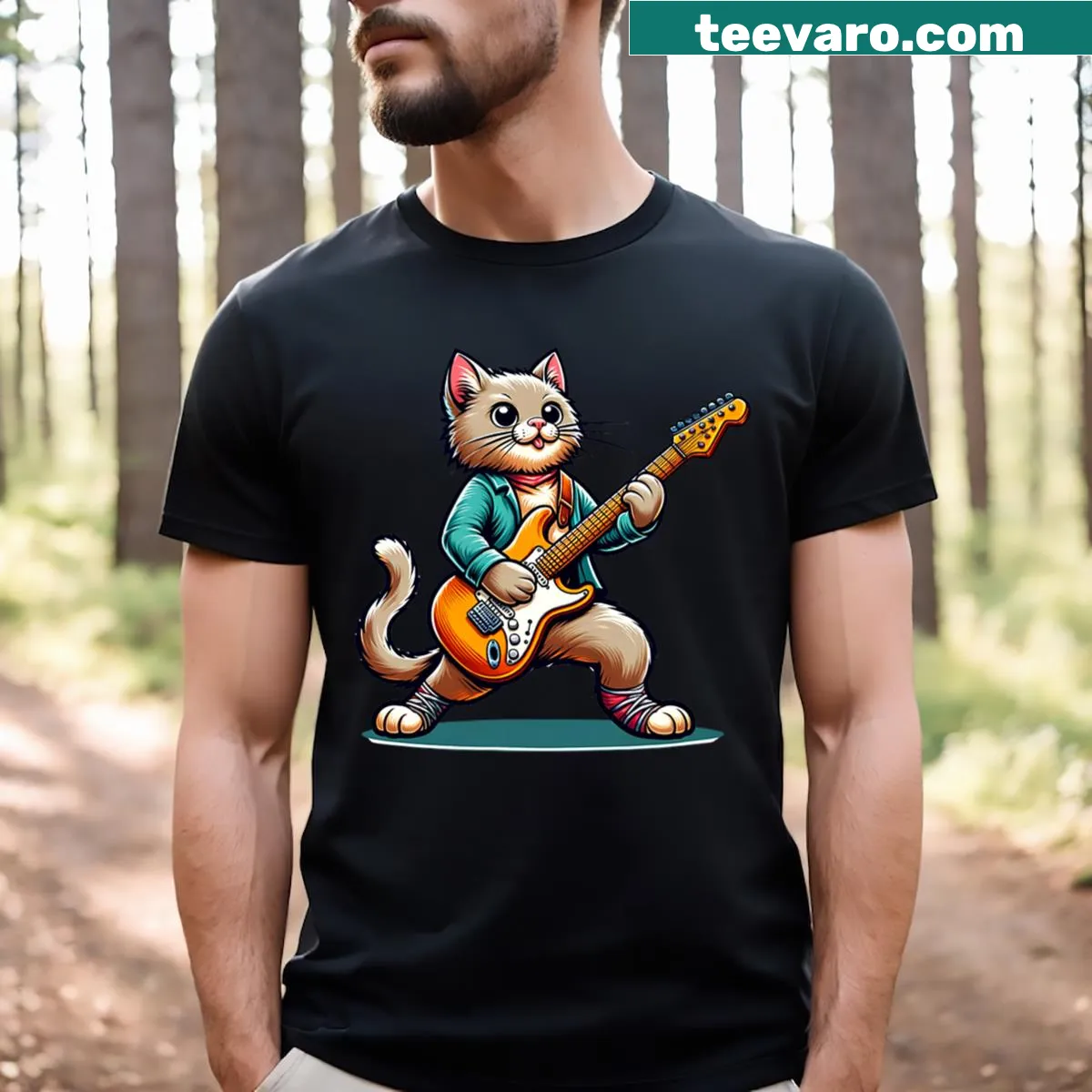 Cartoon cat playing electric guitar on a fun t-shirt — on a men's t-shirt