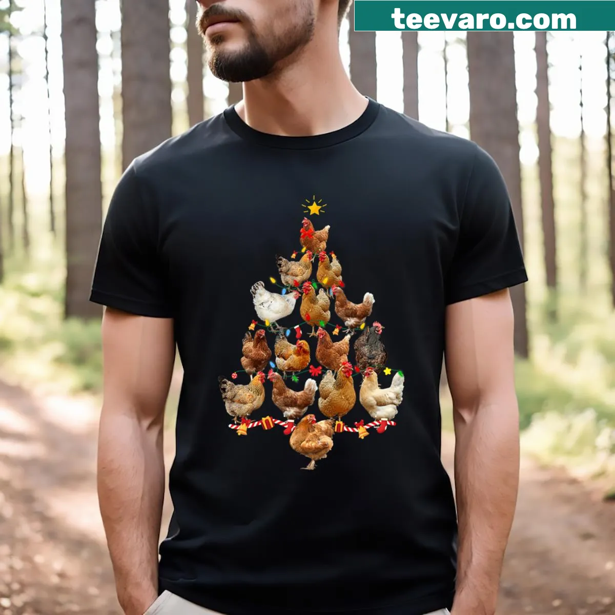 Illustration of a chicken with Christmas tree lights for chicken lovers — on a men's t-shirt