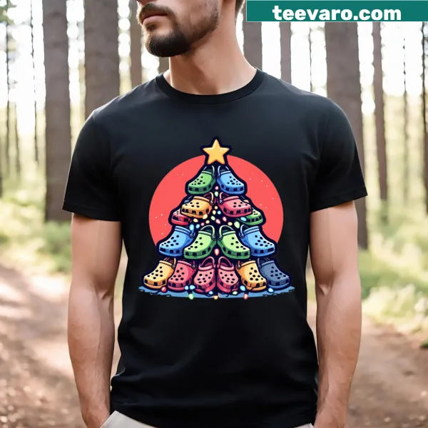 T-shirt featuring a funny Christmas tree design with crocks