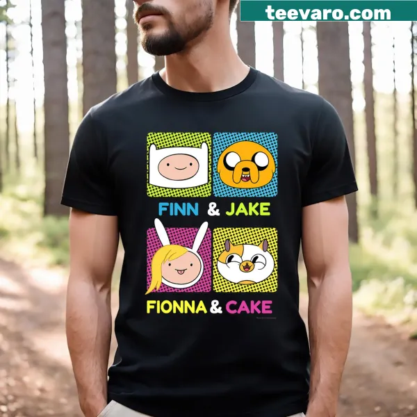 T-shirt featuring characters from Adventure Time: Finn, Jake, Fionna, and Cake