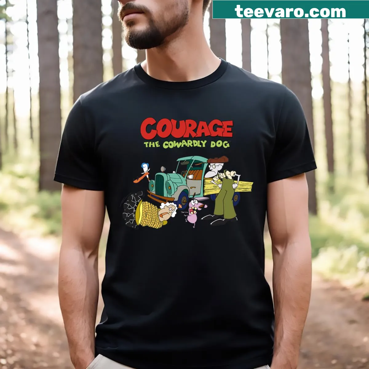 Cartoon logo of Courage the Cowardly Dog and friends in a humorous style. — on a men's t-shirt