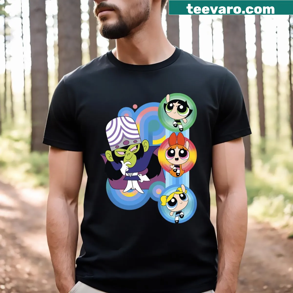 Graphic t-shirt featuring Powerpuff Girls and Mojo Jojo — on a men's t-shirt