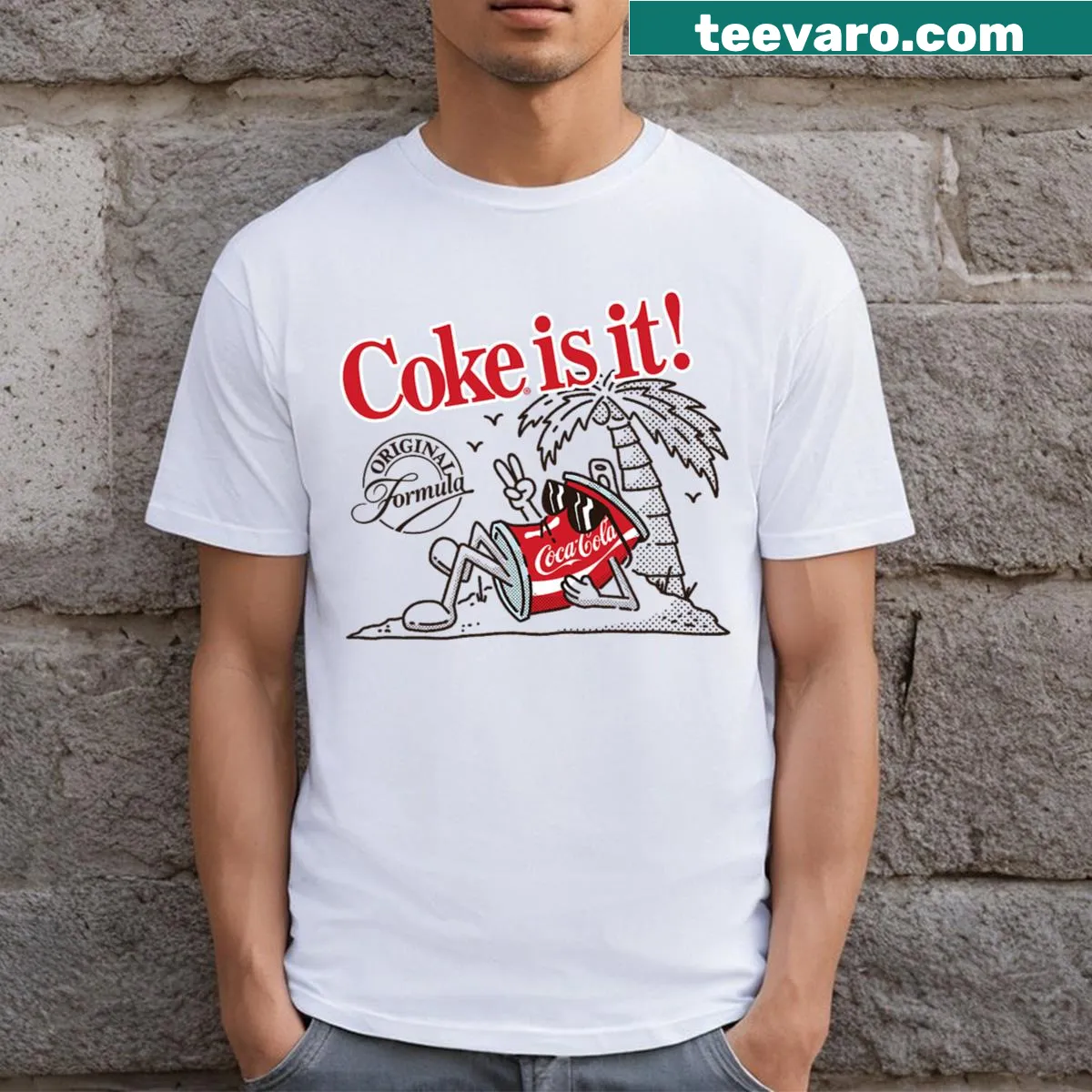Retro Coca-Cola t-shirt with beach cartoon graphic — on a men's t-shirt
