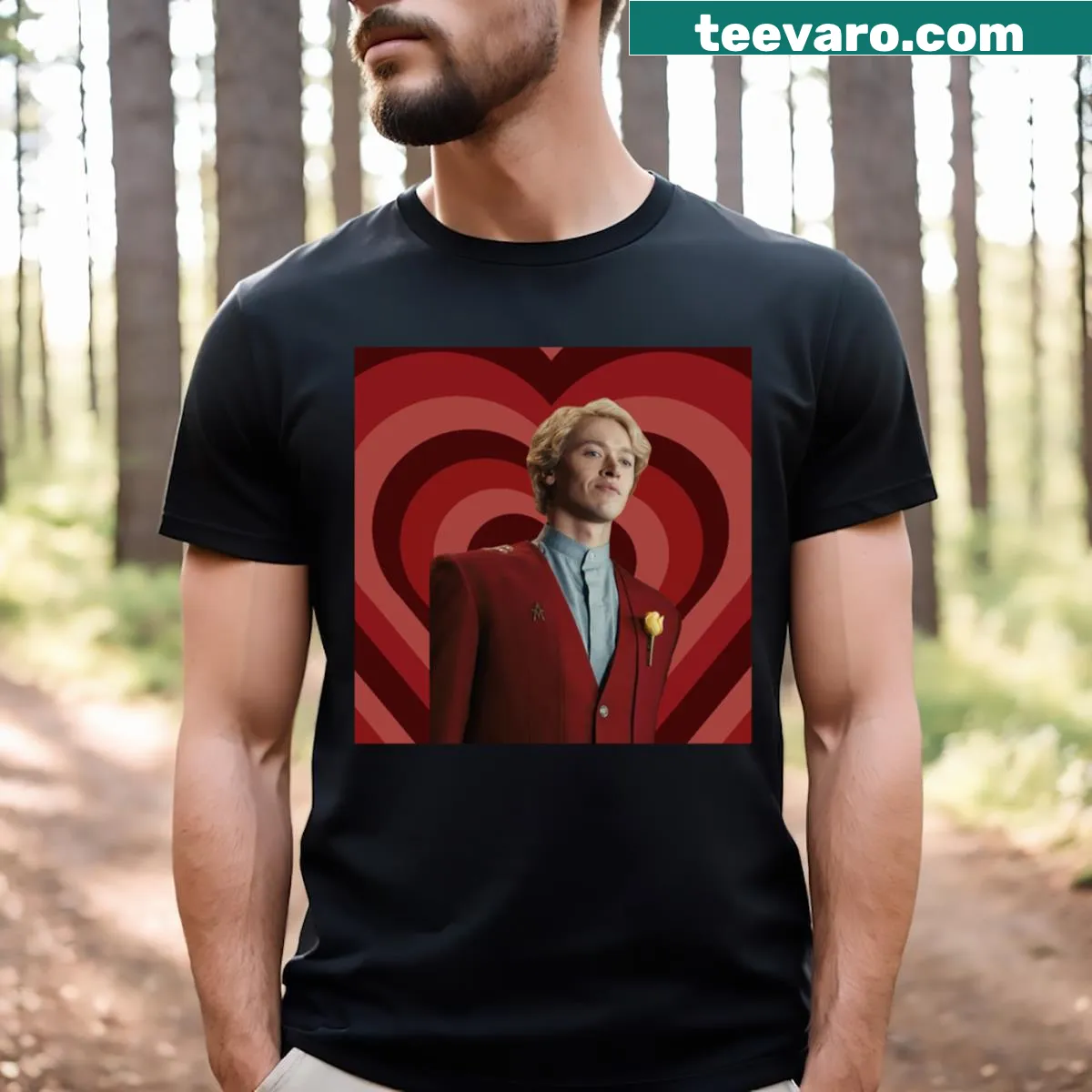 T-shirt featuring red hearts and Coriolanus Snow theme. — on a men's t-shirt