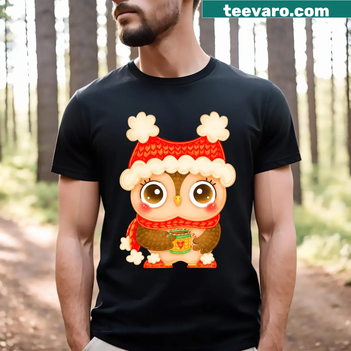 Cartoon big-eyed owl drinking cocoa in a festive design — on a men's t-shirt