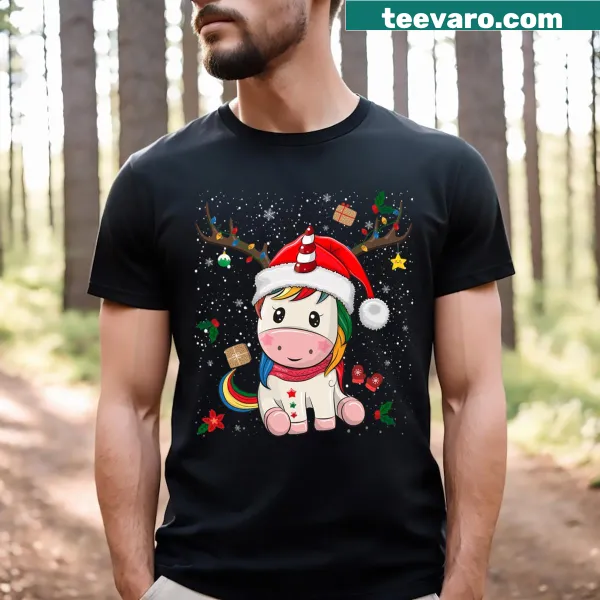 Festive unicorn wearing a Santa hat and deer antlers for Christmas