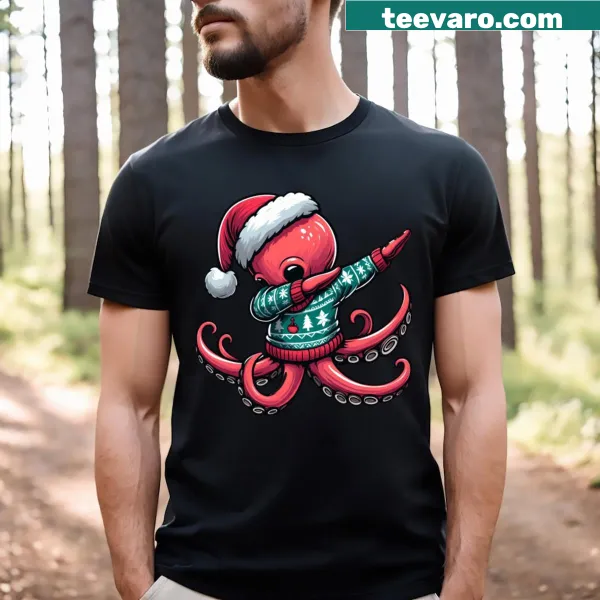 Cartoon octopus dabbing while wearing a Santa hat