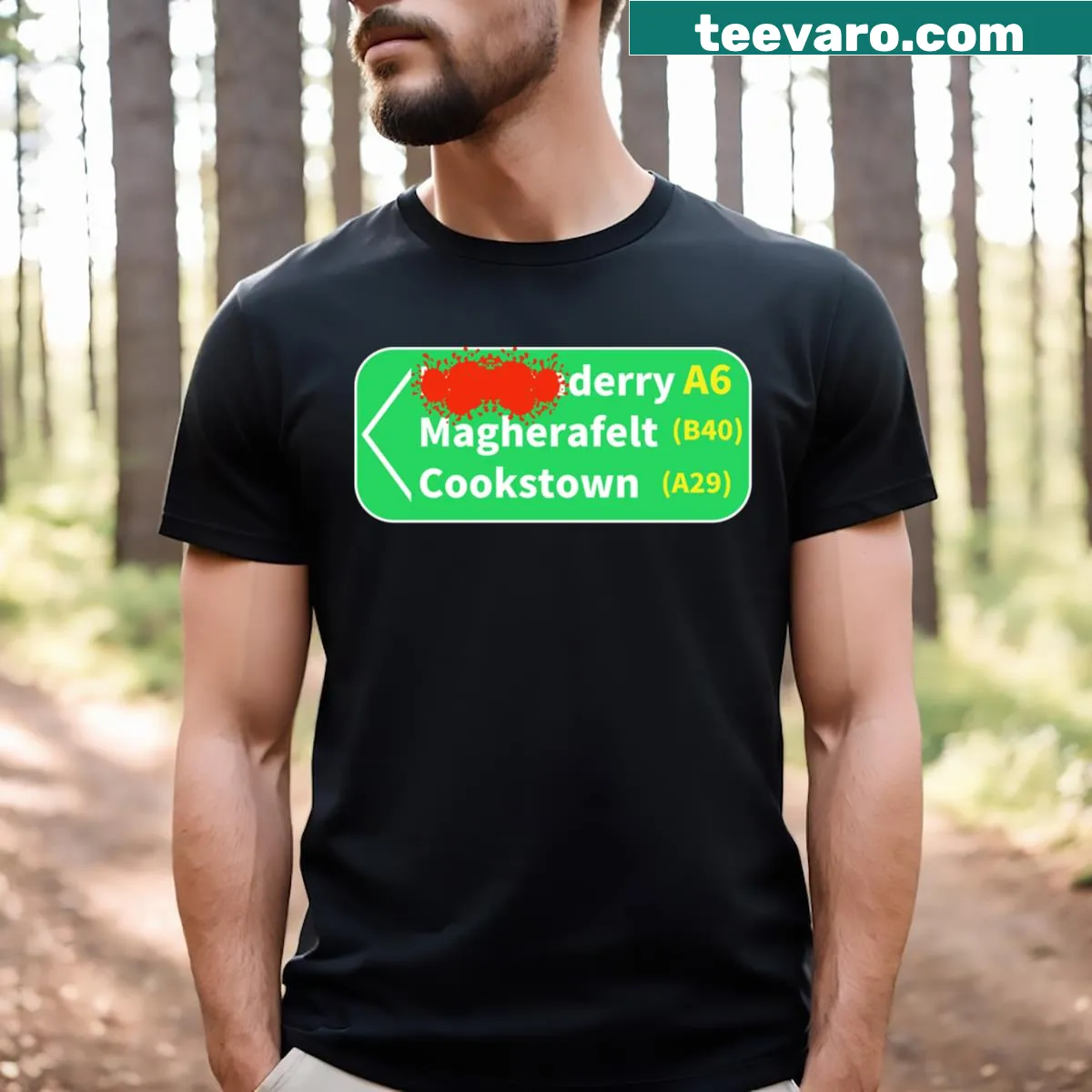 Derry Road Sign shirt with classic typography — on a men's t-shirt