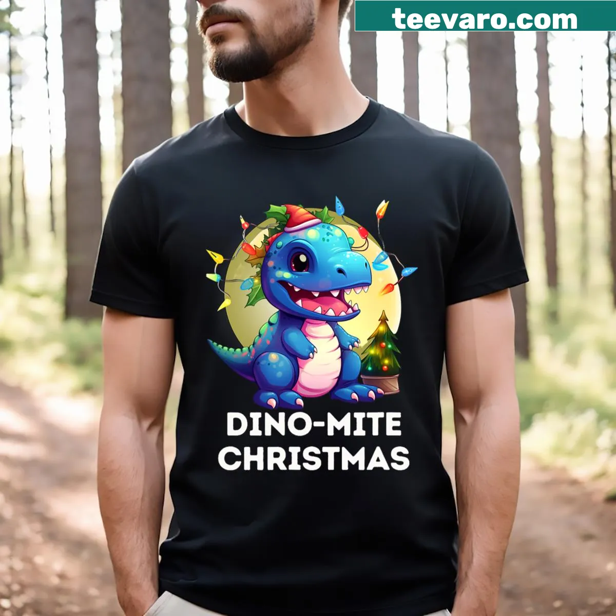 Cute cartoon dinosaur graphic for Christmas holiday T-shirt — on a men's t-shirt
