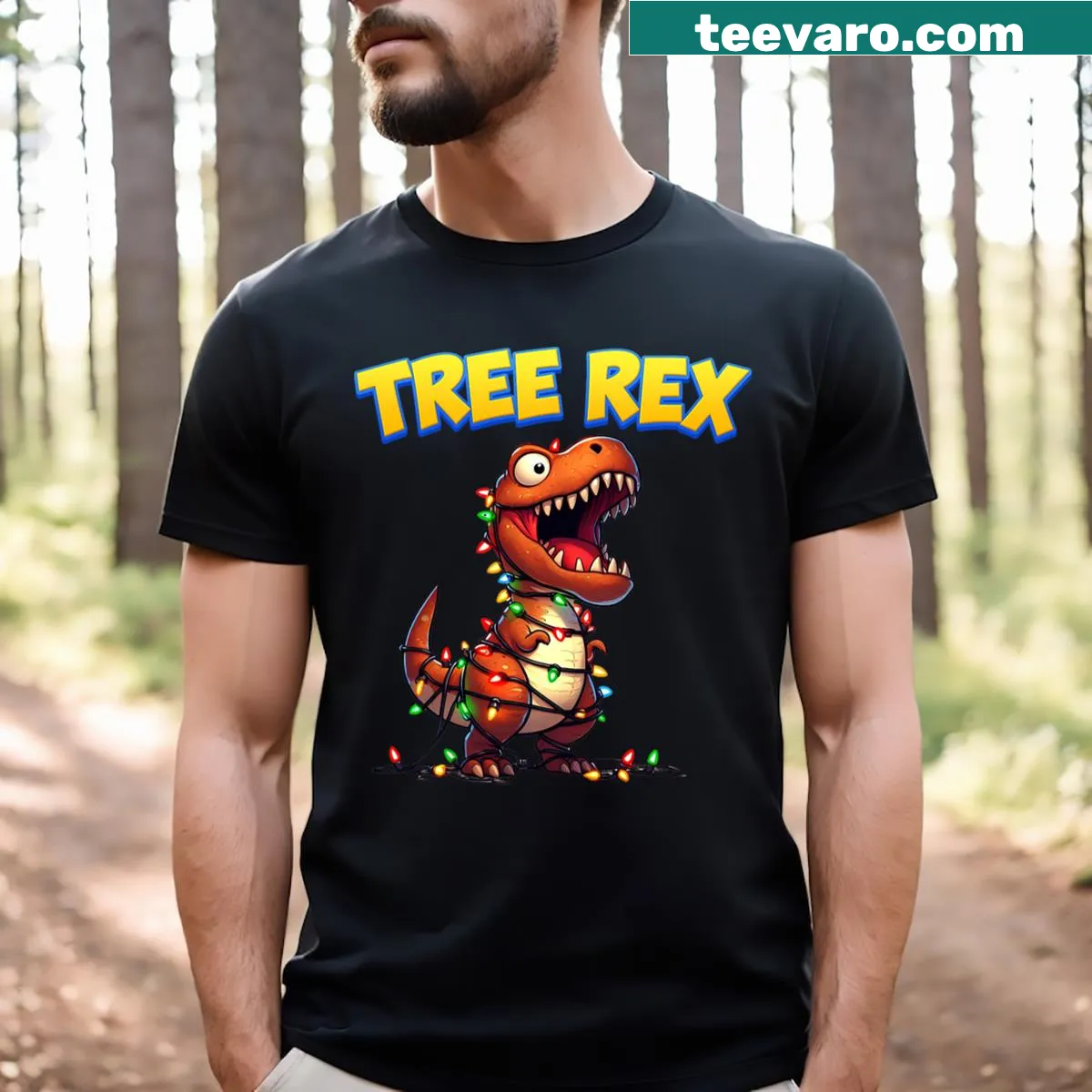 Cartoon T-rex in Christmas tree lights graphic T-shirt — on a men's t-shirt