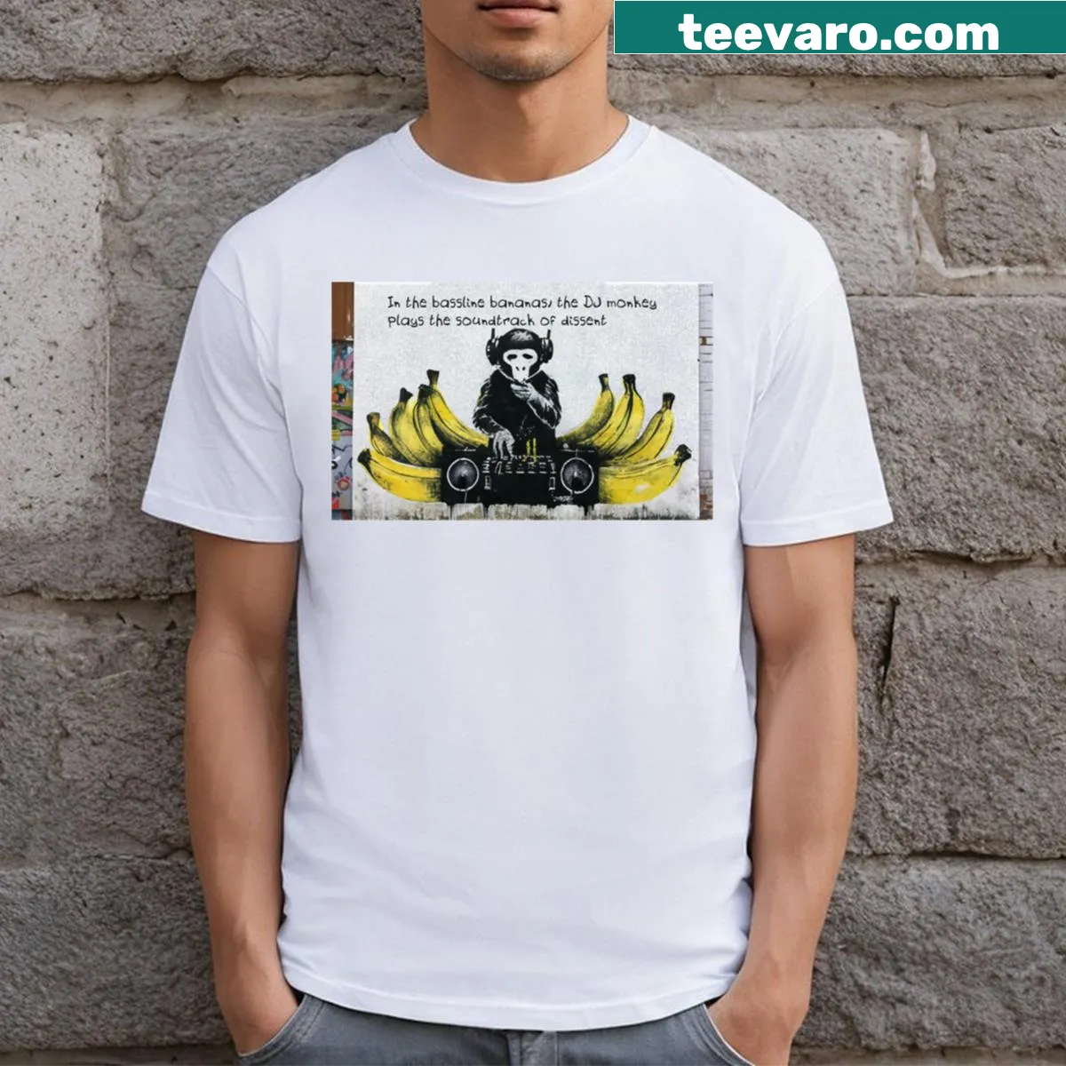 Graffiti-style DJ monkey silhouette graphic T-shirt — on a men's t-shirt