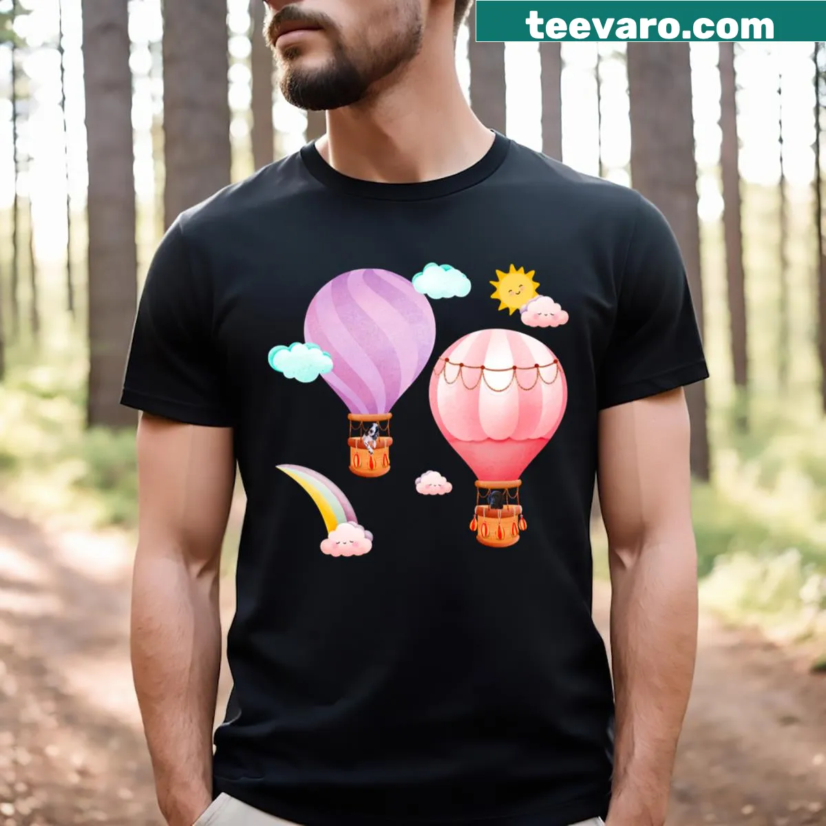 Illustration of dogs in hot air balloons graphic T-shirt — on a men's t-shirt