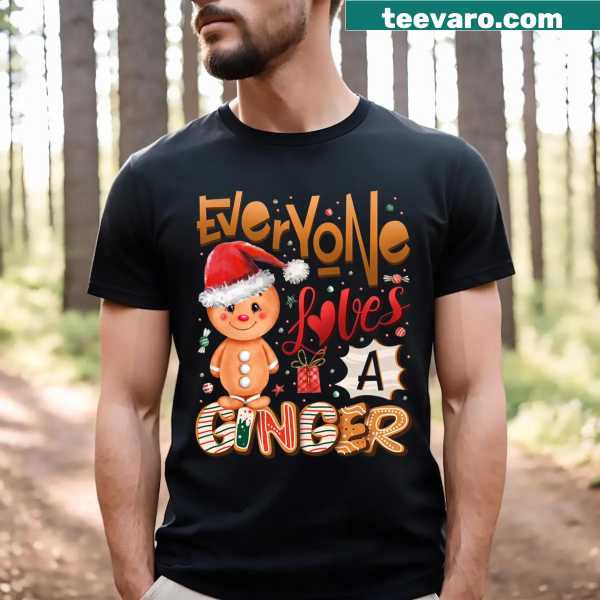 Christmas T-shirt with a playful font saying 'Everyone Loves A Ginger' — on a men's t-shirt