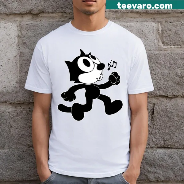Felix the Cat T-shirt with cartoon design of whistling and music notes.