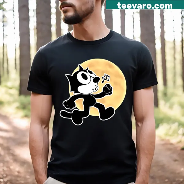 Felix the Cat T-shirt with whimsical design of whistling in moonlight.