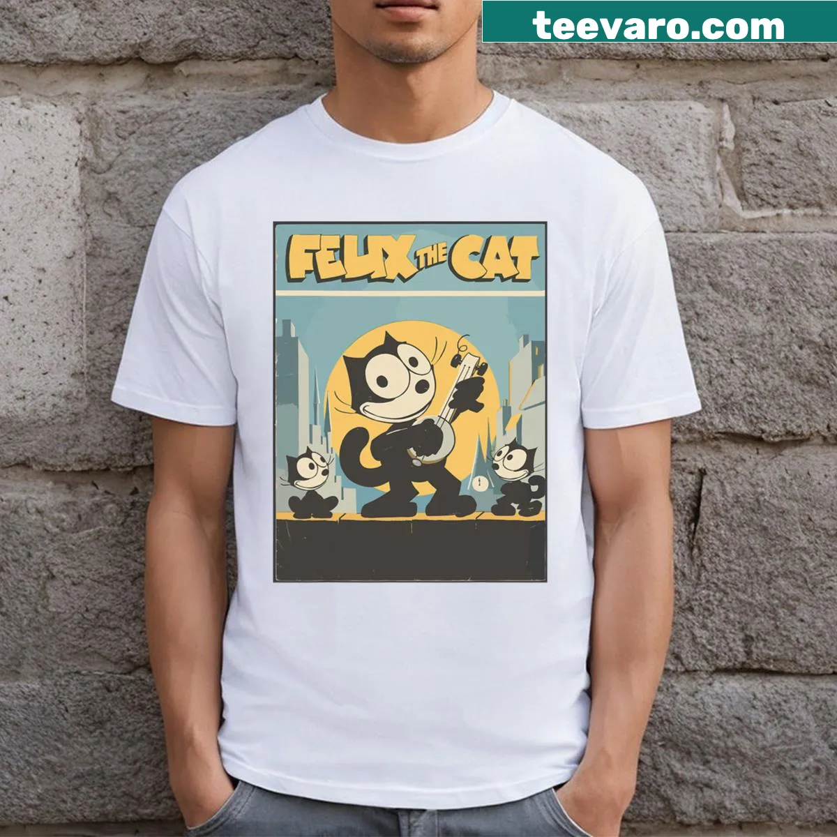 Vintage Felix the Cat cartoon music design on t-shirt — on a men's t-shirt