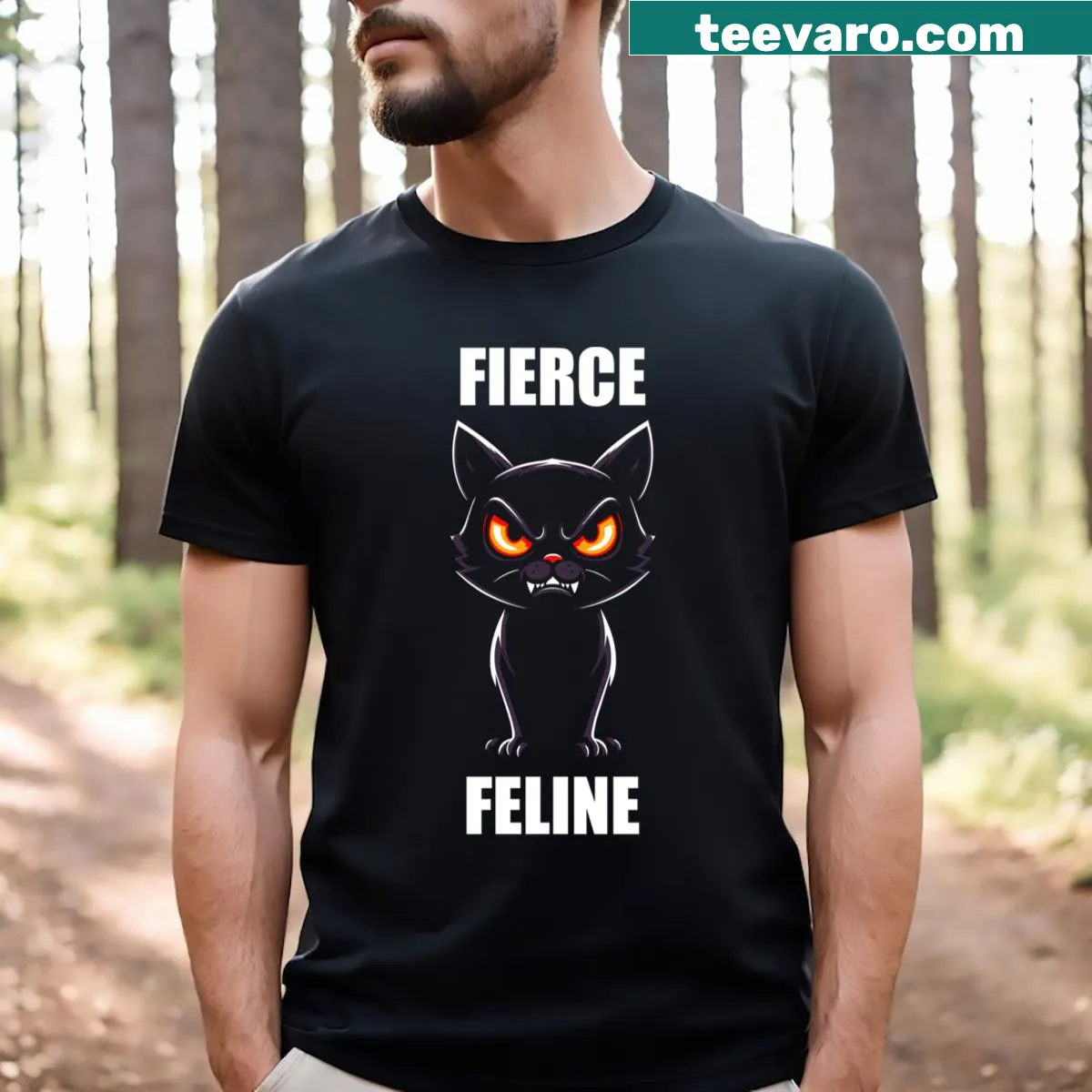 Bold T-shirt featuring a fierce black cat design — on a men's t-shirt