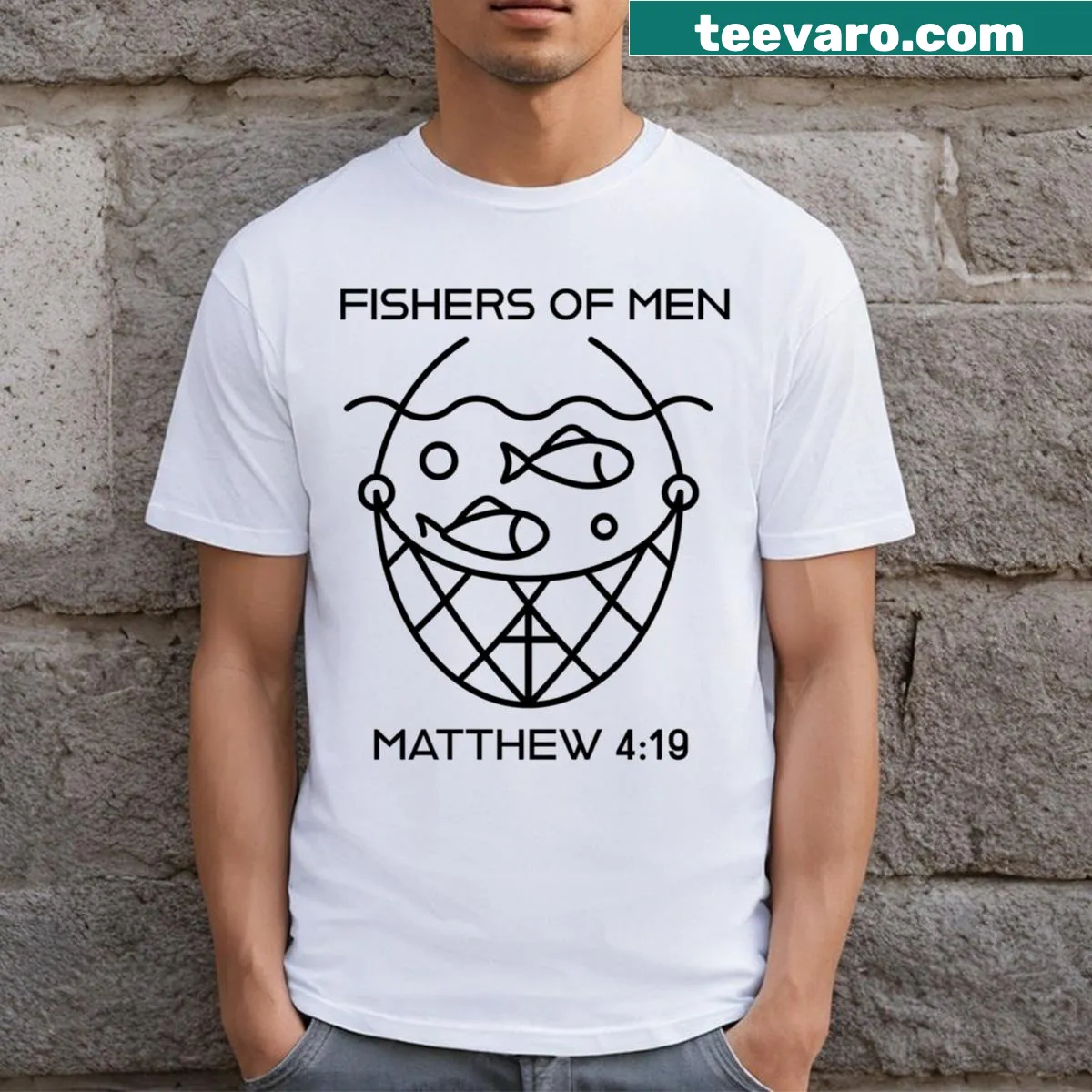 Inspirational T-shirt featuring the phrase 'Fishers of Men' from Matthew 4:19. — on a men's t-shirt