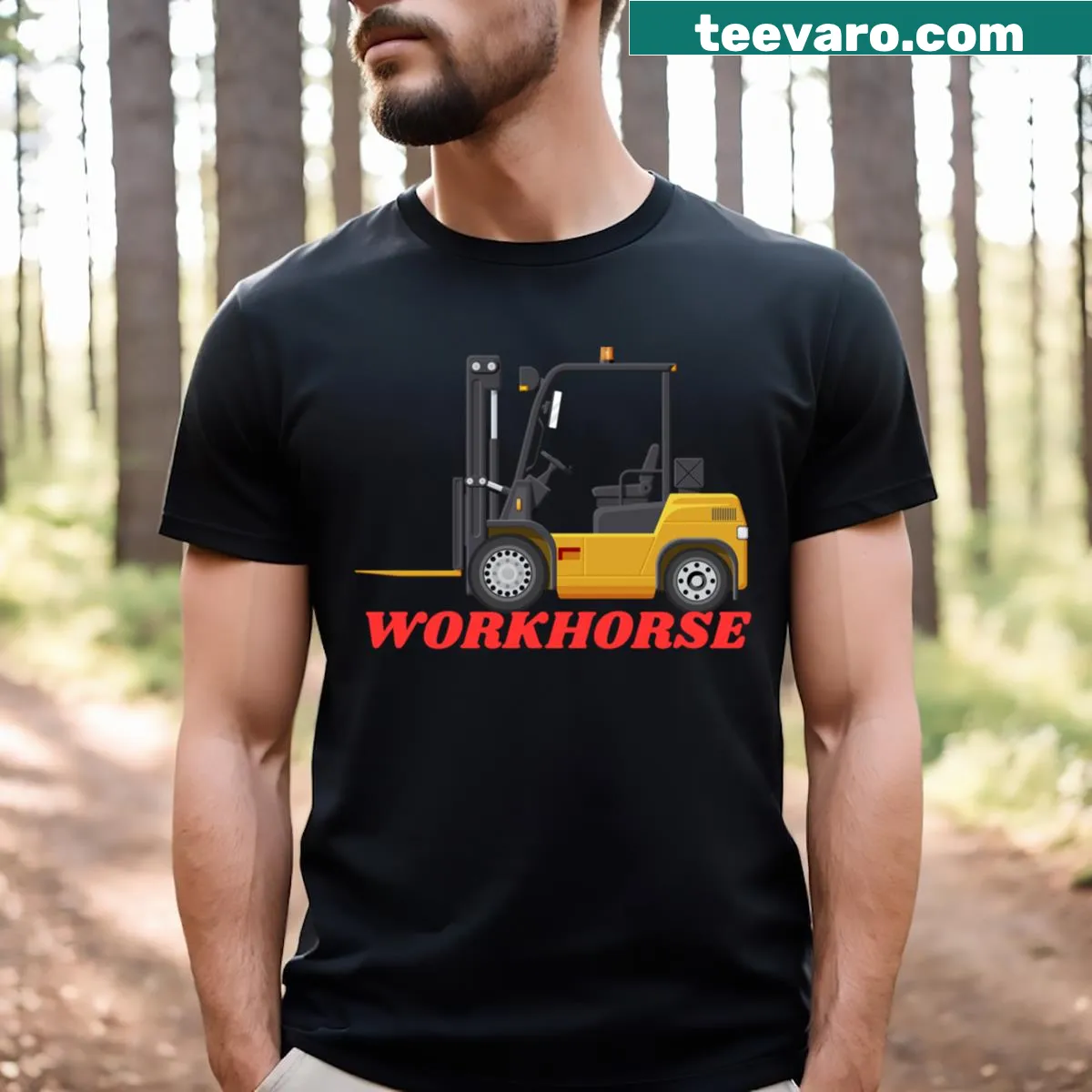 Playful forklift-themed T-shirt celebrating warehouse work. — on a men's t-shirt
