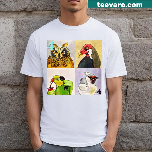 Whimsical T-shirt featuring an illustration of four calling birds