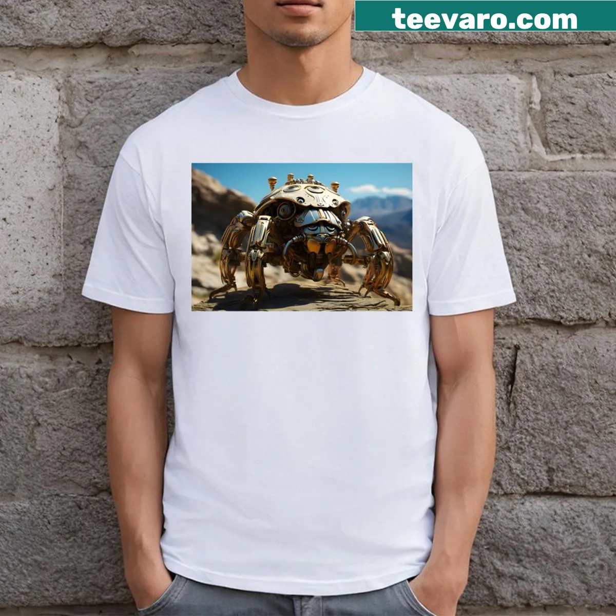 Giant Steampunk Scarab t-shirt with detailed illustration and fantasy theme — on a men's t-shirt
