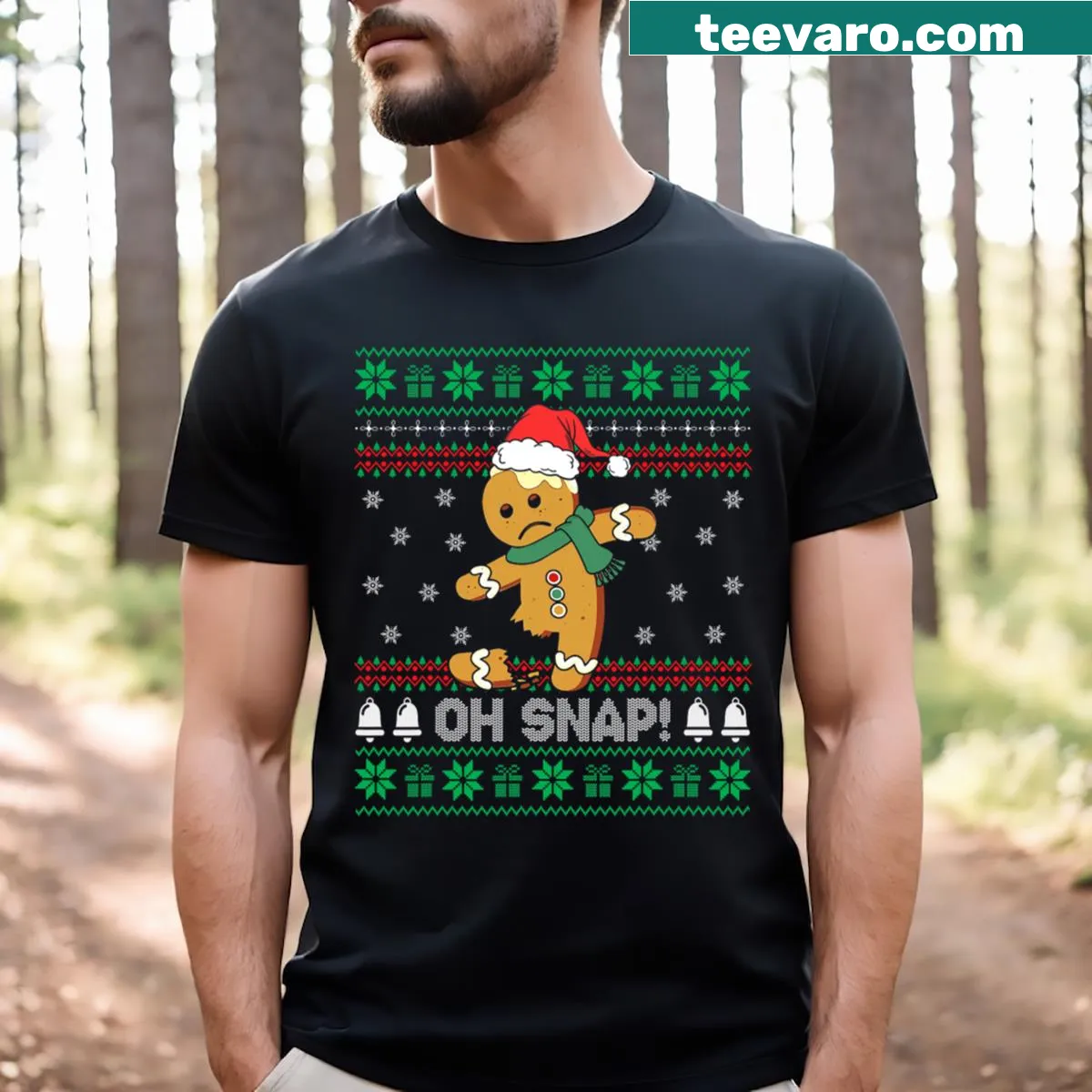 Funny gingerbread man t-shirt with 'Oh Snap!' text for Christmas — on a men's t-shirt
