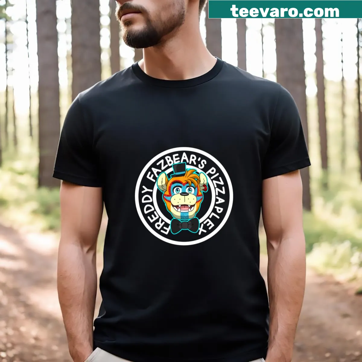 Glamrock Freddy logo t-shirt featuring playful gaming design — on a men's t-shirt